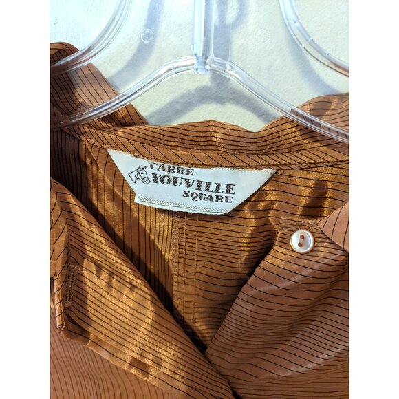 Vintage 80s Metallic Bronze Striped Blouse Button Up Satin Retro Party Fall 14 - Picture 8 of 11